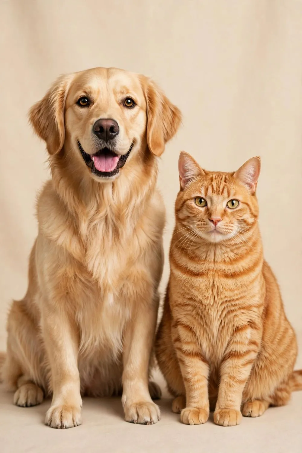 Anjing golden retriever dan kucing oranye yang sehat dan bahagia